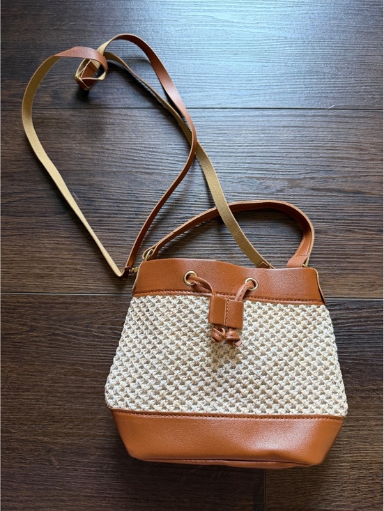 Handbags - Brown and Beige Woven Crossbody Bucket Bag